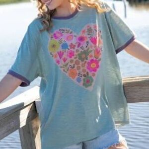 Natural Life Women's Oversized Ringer Floral Heart Colorful T-shirt Size XS